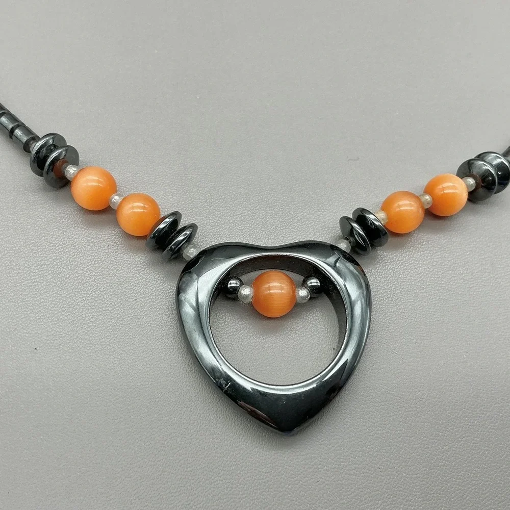 Necklace Hematite Beaded Heart Pendant Orange Bead‎ Barrel Statement Jewelry